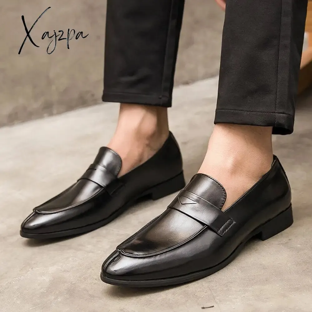 Xajzpa - Loafers Men Slip-on pu leather Lazy Black brown Breathable Handmade Dress Shoes for Men