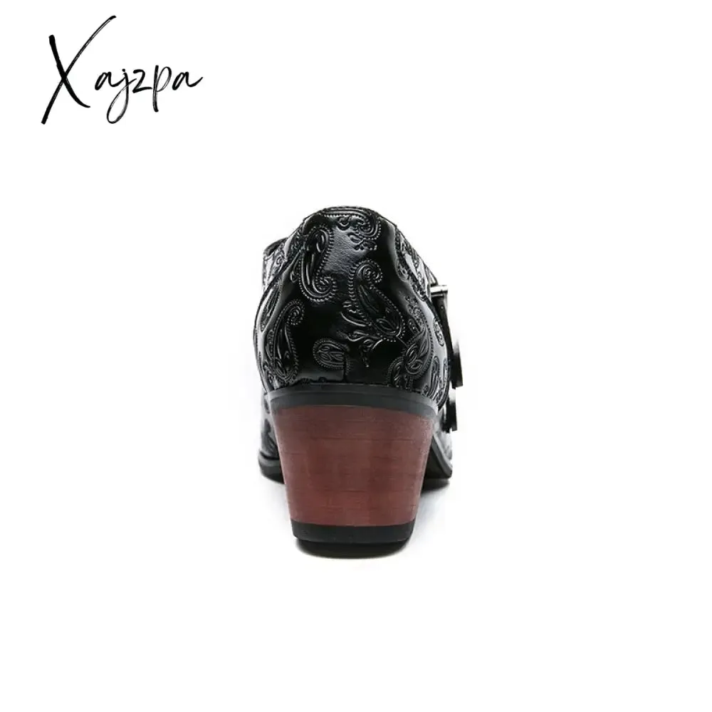 Xajzpa - New Brown Loafers Casual Shoes Decorative Pattern Double Buckle Thick Heel Breathable Handmade Pu Leather Chaussure Homme