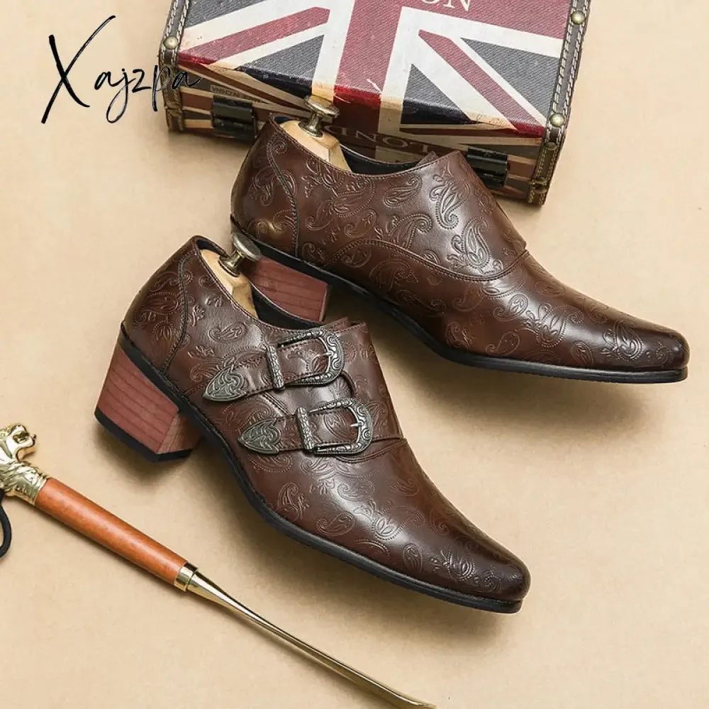 Xajzpa - New Brown Loafers Casual Shoes Decorative Pattern Double Buckle Thick Heel Breathable Handmade Pu Leather Chaussure Homme