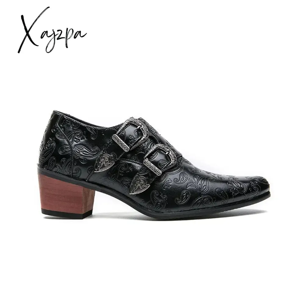 Xajzpa - New Brown Loafers Casual Shoes Decorative Pattern Double Buckle Thick Heel Breathable Handmade Pu Leather Chaussure Homme